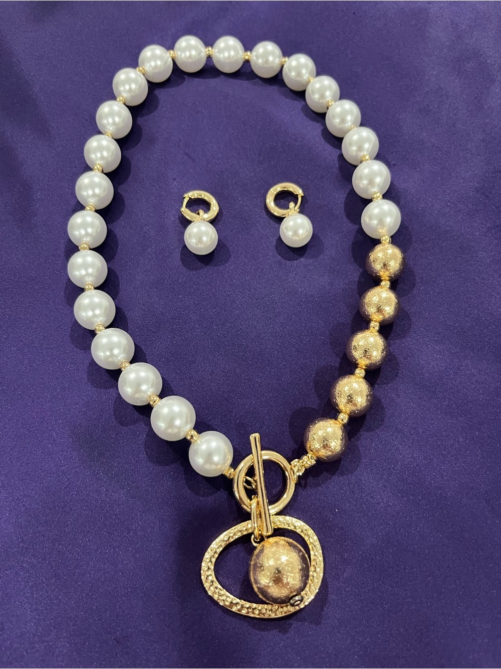 Gold and White Pearl Toggle Necklace Set - Women Jewelry